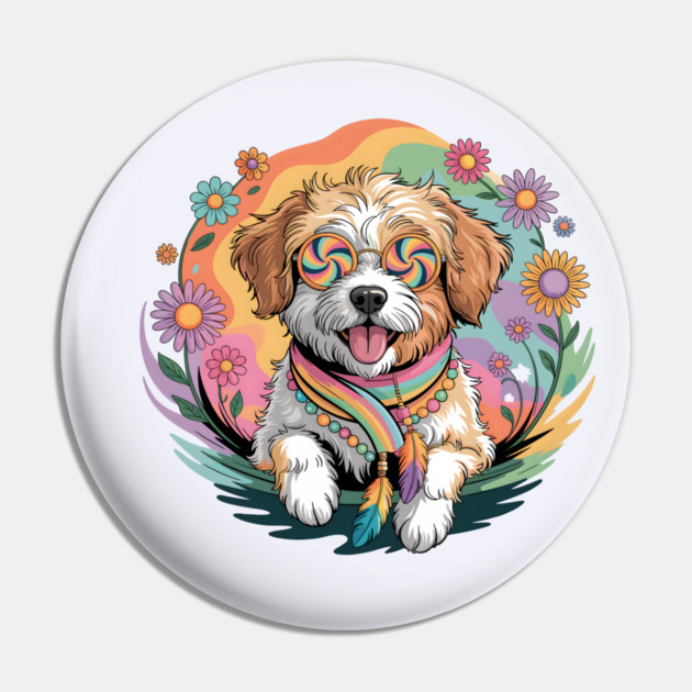 Jackapoo – Happy Floral Boho Dog Art Pin by JessArty