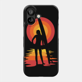 Surfer girl silhouette in front of sunset Phone Case