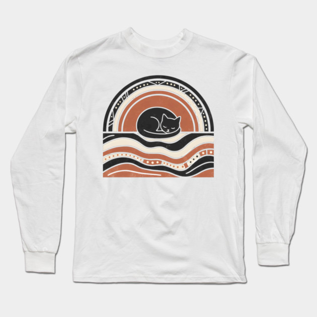 Retro Boho Cat Sunset Silhouette Vintage Minimalist Art Long Sleeve T-Shirt by criarthdesign