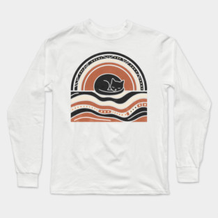 Retro Boho Cat Sunset Silhouette Vintage Minimalist Art Long Sleeve T-Shirt