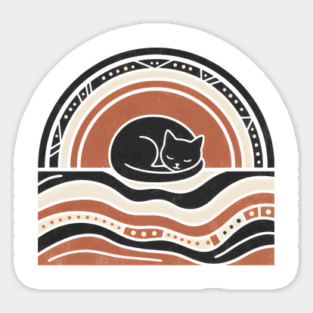 Retro Boho Cat Sunset Silhouette Vintage Minimalist Art Sticker