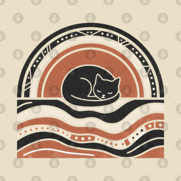 Retro Boho Cat Sunset Silhouette Vintage Minimalist Art by criarthdesign