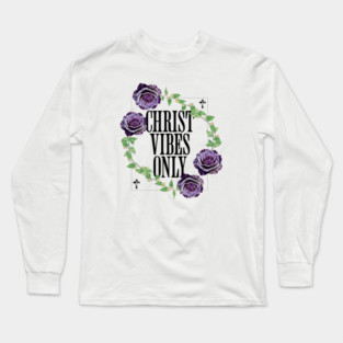 Female Christ Vibes Only Blk Font - Minimalist Floral Faith Tee, Purple Flower Christian Clothing Long Sleeve T-Shirt