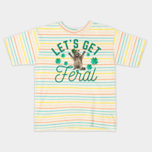 Retro Lets Get Feral Raccoon Animal Shamrocks St Patrick Day Kids T-Shirt