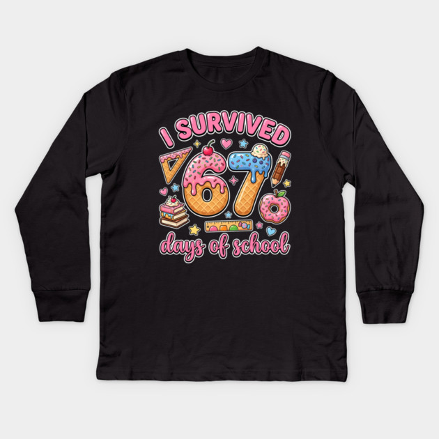 I Survived 67 Days of School Kawaii Donut Ice Cream Kids Long Sleeve T-Shirt by Creatifly Graphic Tees