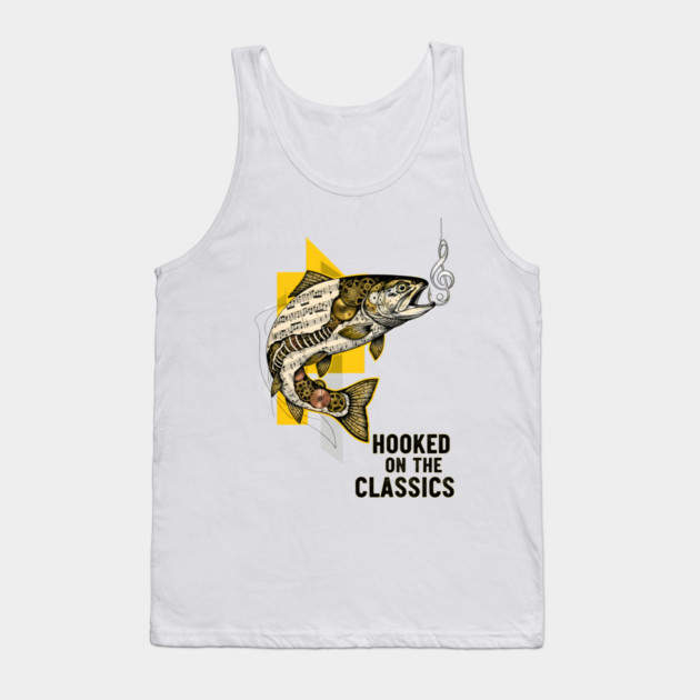 Surreal Music Note Trout and Clockwork Gear Collage Tank Top by criarthdesign