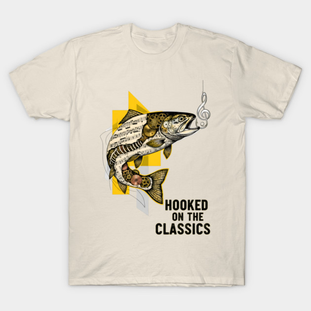 Surreal Music Note Trout and Clockwork Gear Collage T-Shirt by criarthdesign