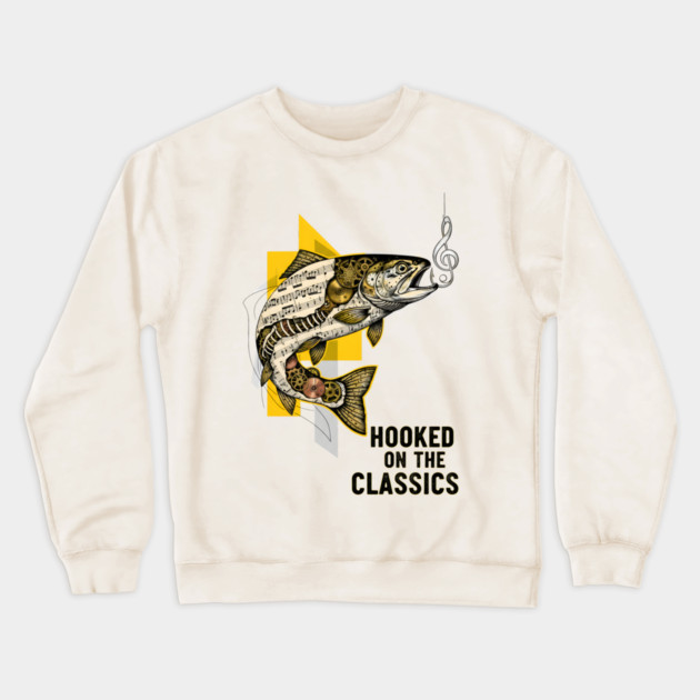 Surreal Music Note Trout and Clockwork Gear Collage Crewneck Sweatshirt by criarthdesign