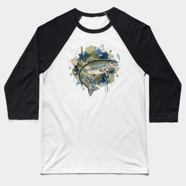 Surreal Clockwork Trout Collage with Vintage Maps Baseball T-Shirt by criarthdesign