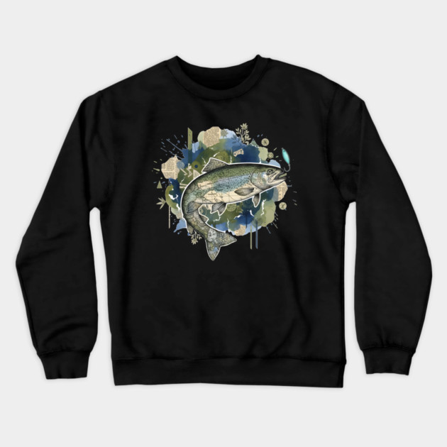 Surreal Clockwork Trout Collage with Vintage Maps Crewneck Sweatshirt by criarthdesign