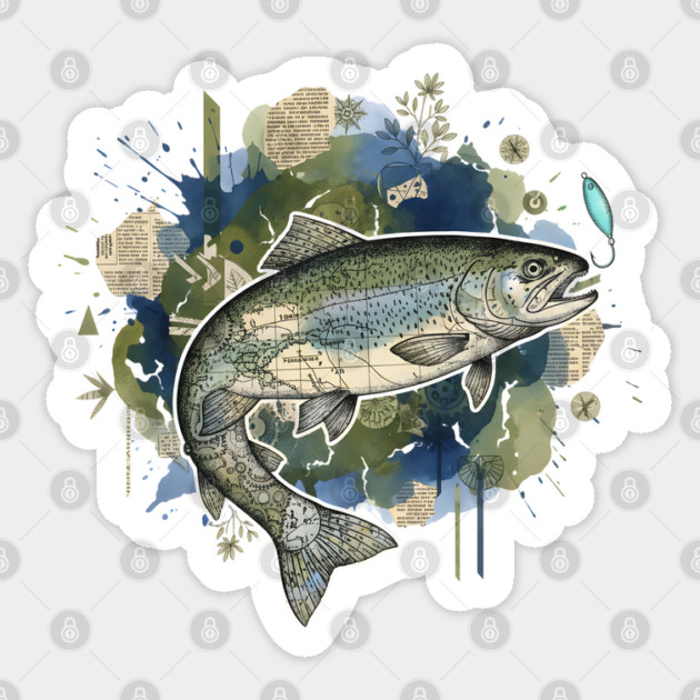 Surreal Clockwork Trout Collage with Vintage Maps Sticker by criarthdesign