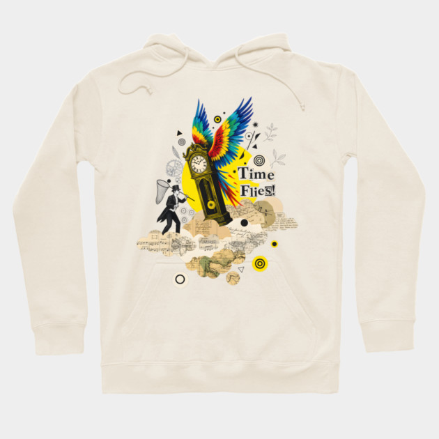 Victorian Clock with Macaw Wings Surreal Collage Hoodie by criarthdesign