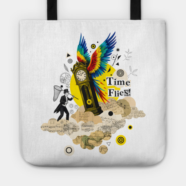 Victorian Clock with Macaw Wings Surreal Collage Tote by criarthdesign