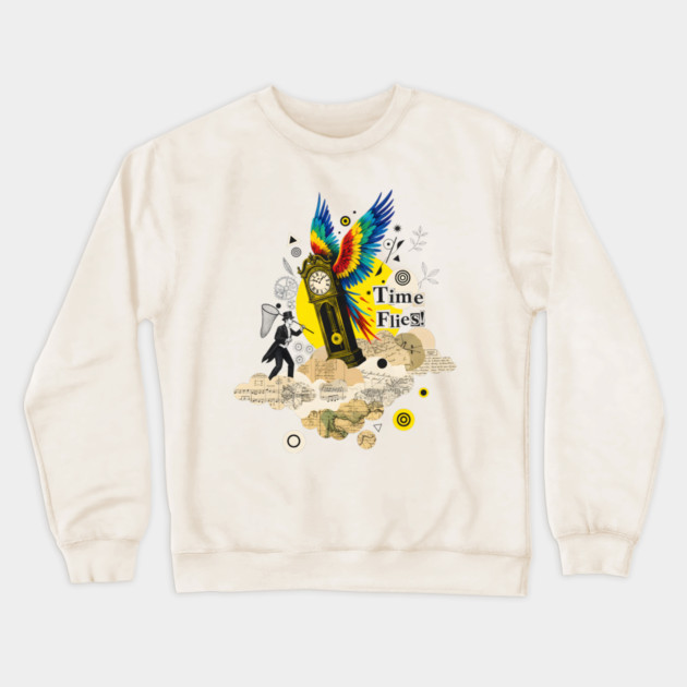 Victorian Clock with Macaw Wings Surreal Collage Crewneck Sweatshirt by criarthdesign