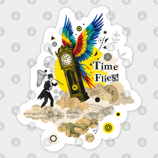 Victorian Clock with Macaw Wings Surreal Collage Sticker by criarthdesign