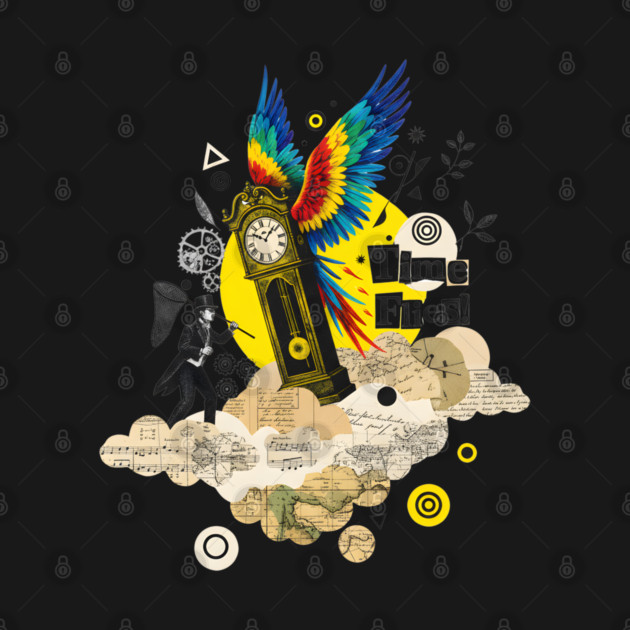 Victorian Clock with Macaw Wings Surreal Collage by criarthdesign