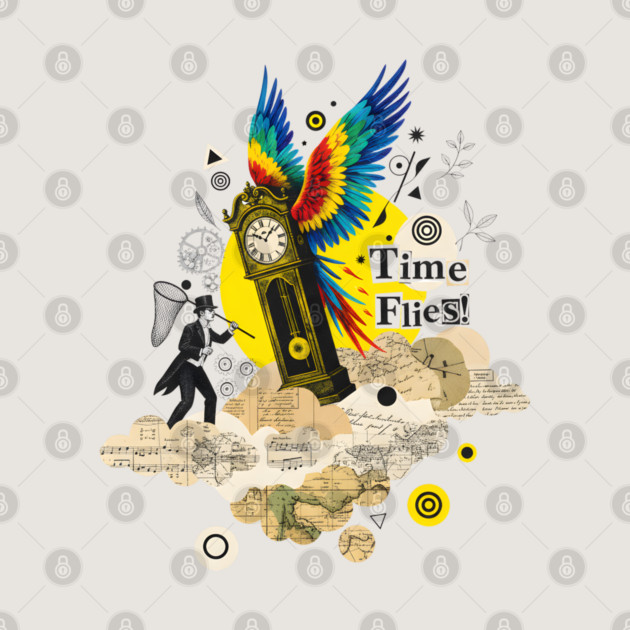 Victorian Clock with Macaw Wings Surreal Collage by criarthdesign