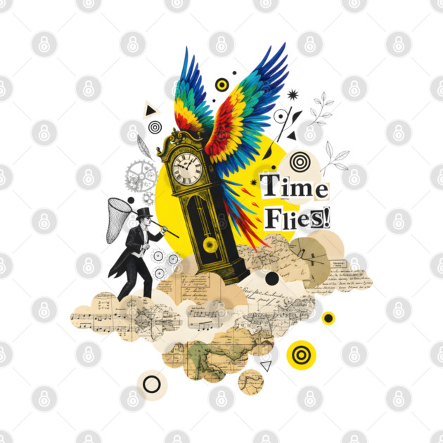 Victorian Clock with Macaw Wings Surreal Collage by criarthdesign