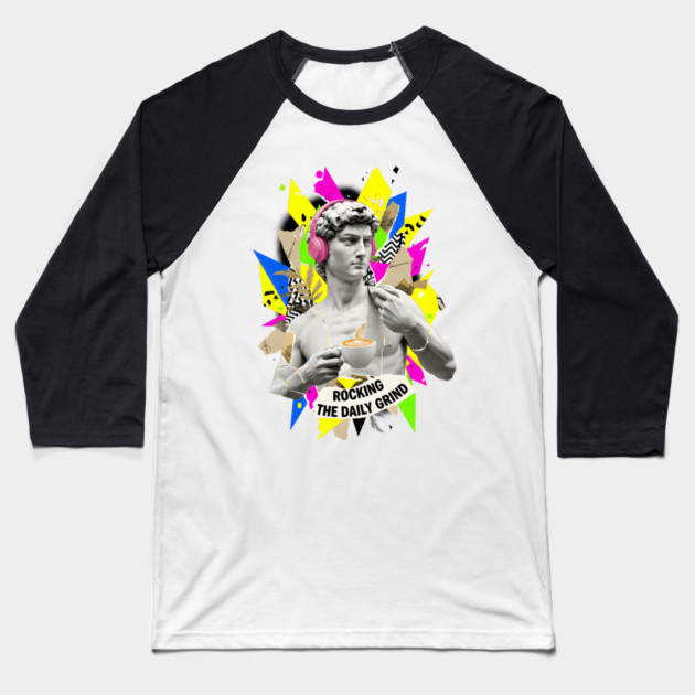David Statue with Pink Headphones and Latte Collage Baseball T-Shirt by criarthdesign