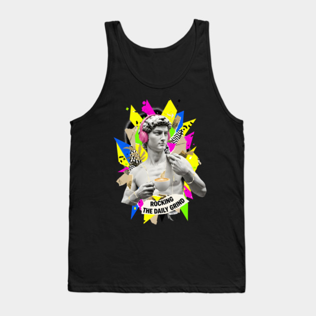 David Statue with Pink Headphones and Latte Collage Tank Top by criarthdesign