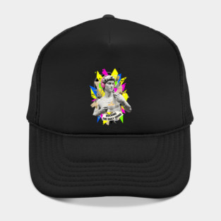 David Statue with Pink Headphones and Latte Collage Hat