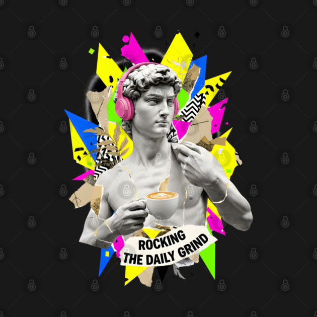 David Statue with Pink Headphones and Latte Collage by criarthdesign