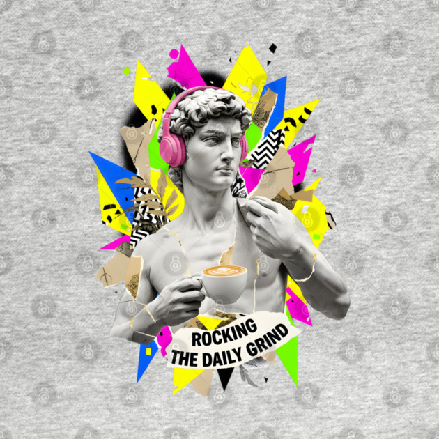 David Statue with Pink Headphones and Latte Collage by criarthdesign