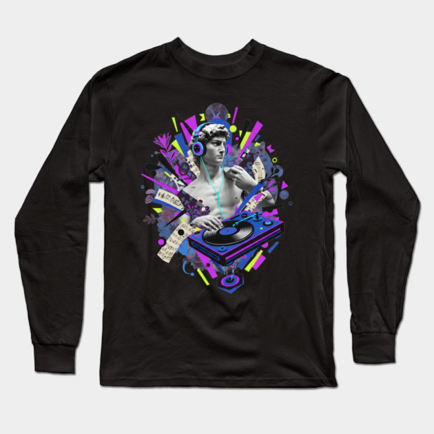 David Statue Spinning Vinyl Record Collage Art Long Sleeve T-Shirt by criarthdesign