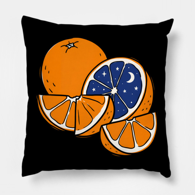 Midnight Citrus – Cosmic Orange Surreal Fruit Art Pillow by Designed By Marty