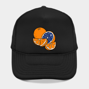 Midnight Citrus – Cosmic Orange Surreal Fruit Art Hat
