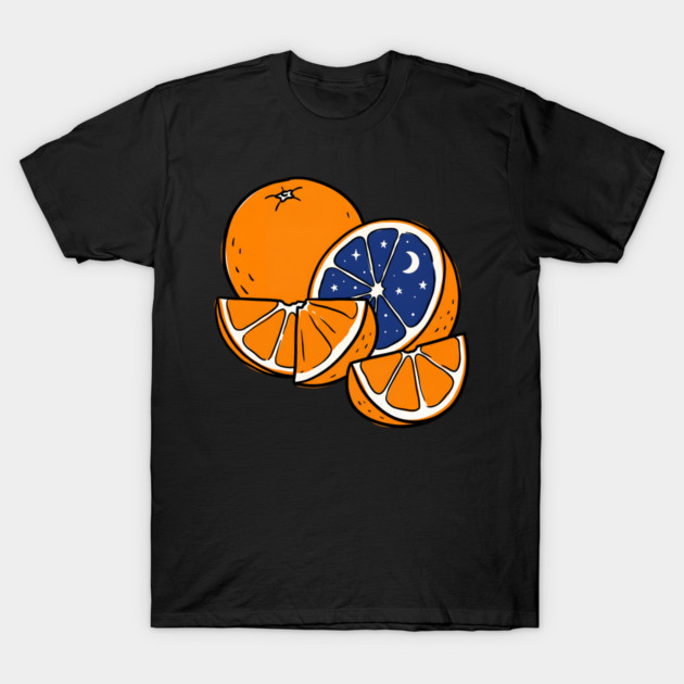 Midnight Citrus – Cosmic Orange Surreal Fruit Art T-Shirt by Designed By Marty