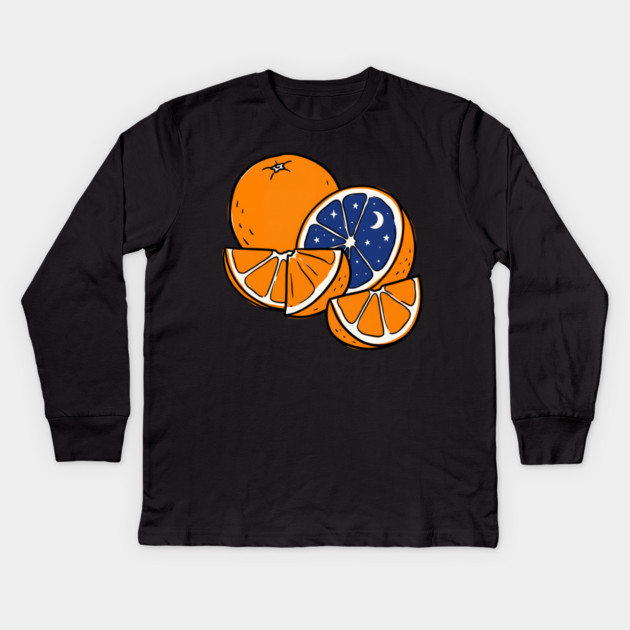 Midnight Citrus – Cosmic Orange Surreal Fruit Art Kids Long Sleeve T-Shirt by Designed By Marty