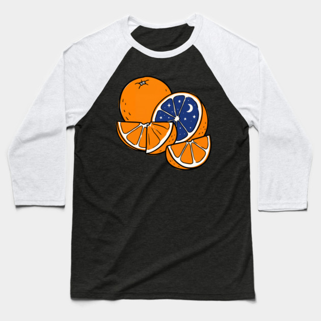 Midnight Citrus – Cosmic Orange Surreal Fruit Art Baseball T-Shirt by Designed By Marty