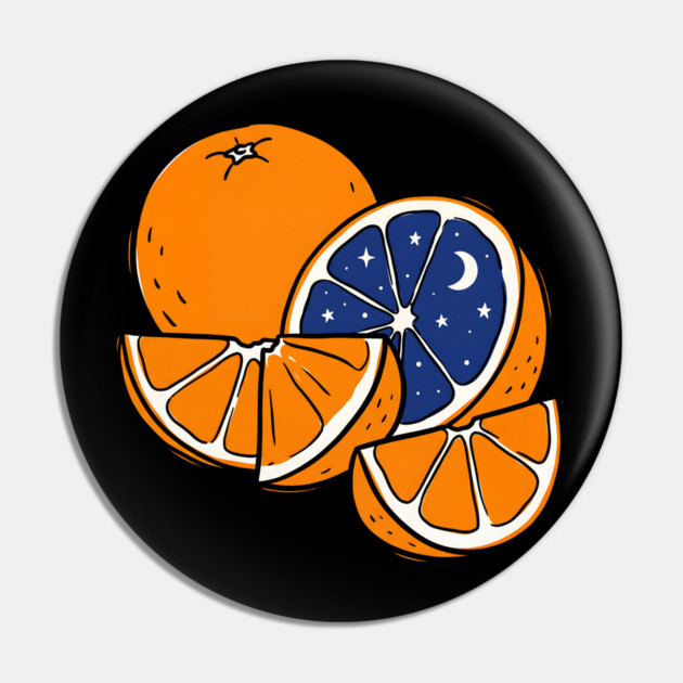 Midnight Citrus – Cosmic Orange Surreal Fruit Art Pin by Designed By Marty