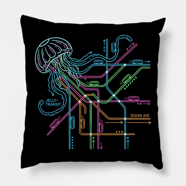 Jellyfish Metro Map – Neon “Jelly-Transit” Sea Subway Pillow by Designed By Marty