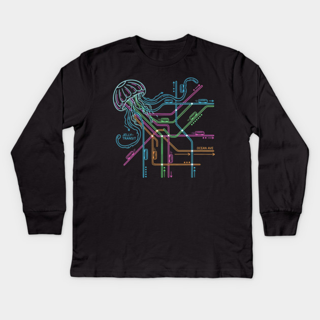 Jellyfish Metro Map – Neon “Jelly-Transit” Sea Subway Kids Long Sleeve T-Shirt by Designed By Marty