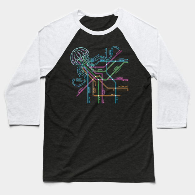 Jellyfish Metro Map – Neon “Jelly-Transit” Sea Subway Baseball T-Shirt by Designed By Marty