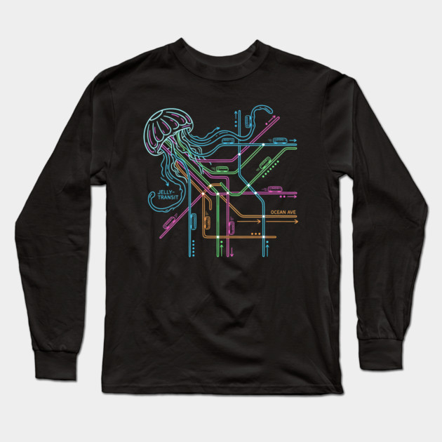 Jellyfish Metro Map – Neon “Jelly-Transit” Sea Subway Long Sleeve T-Shirt by Designed By Marty