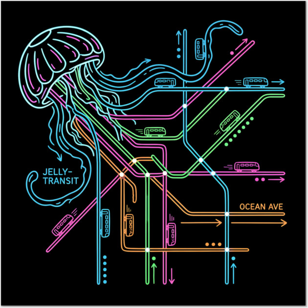 Jellyfish Metro Map – Neon “Jelly-Transit” Sea Subway Wall Art by Designed By Marty