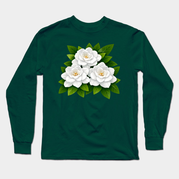 White Gardenia Flowers with Green Leaves Long Sleeve T-Shirt by DonWillisJrArt