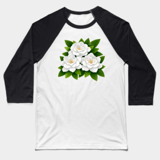 White Gardenia Flowers with Green Leaves Baseball T-Shirt