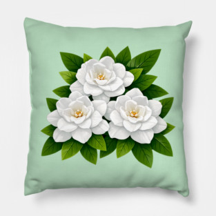 White Gardenia Flowers with Green Leaves Pillow