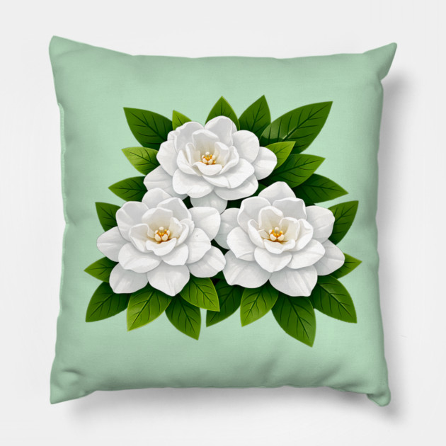 White Gardenia Flowers with Green Leaves Pillow by DonWillisJrArt