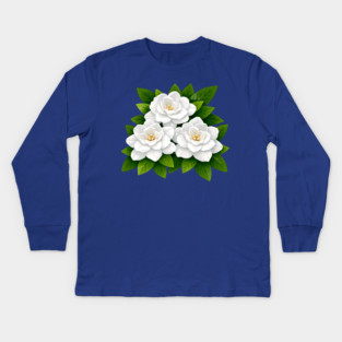 White Gardenia Flowers with Green Leaves Kids Long Sleeve T-Shirt