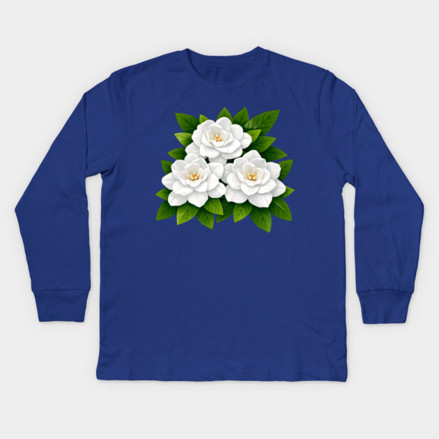 White Gardenia Flowers with Green Leaves Kids Long Sleeve T-Shirt by DonWillisJrArt