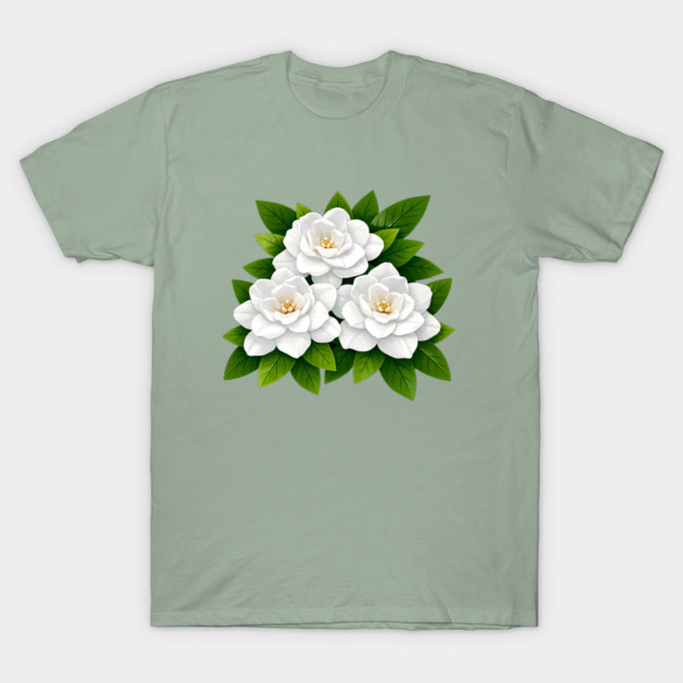 White Gardenia Flowers with Green Leaves T-Shirt by DonWillisJrArt