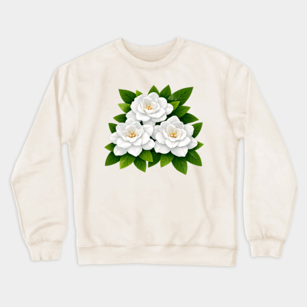 White Gardenia Flowers with Green Leaves Crewneck Sweatshirt by DonWillisJrArt