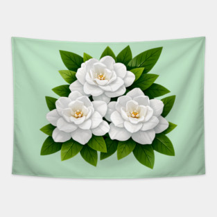 White Gardenia Flowers with Green Leaves Tapestry