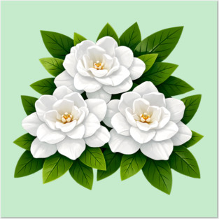 White Gardenia Flowers with Green Leaves Posters and Art