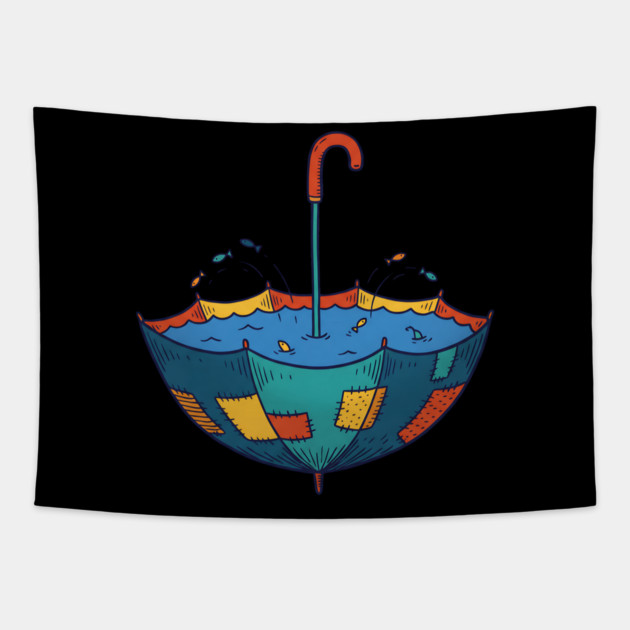Umbrella Aquarium – Cozy Rainy Day Fish Shelter Tapestry by Designed By Marty